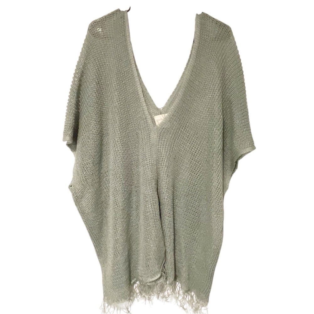 Giada Forte Made in Italy One Size Green Linen Open Knit Fringe Deep V Shell